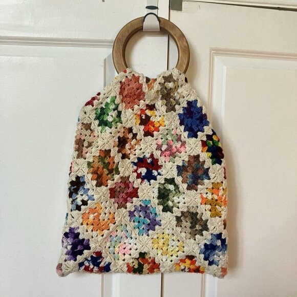 Honeybea Handbags - Honeybea Upcycled Handmade Crochet Granny Square Granny Handbag Wood Handle Tote